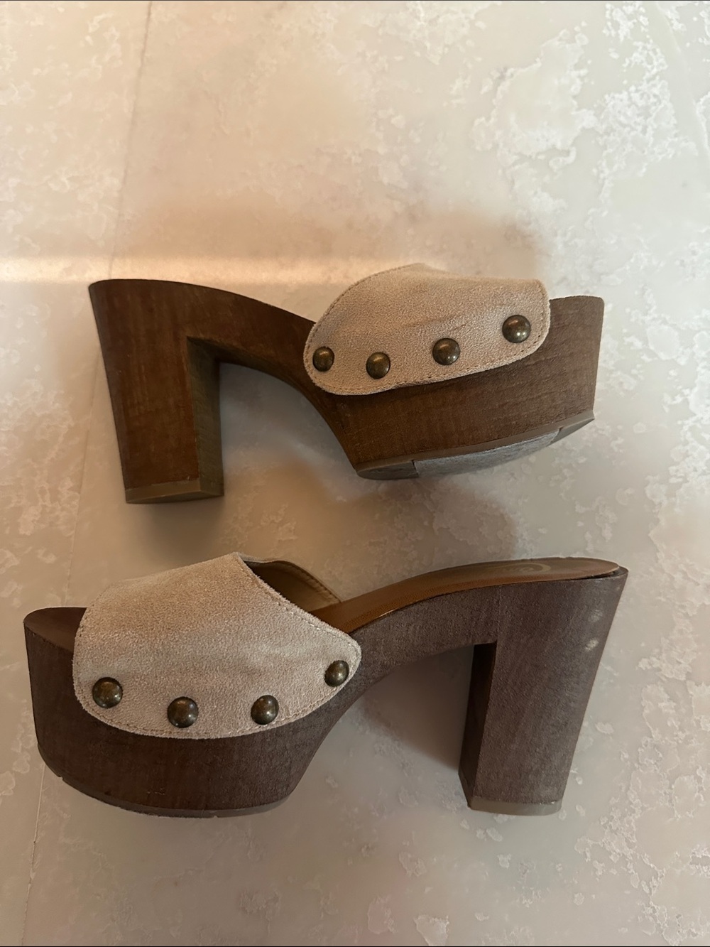 Candies Platform Y2K boho Suede Slide Mule Heels in Beige